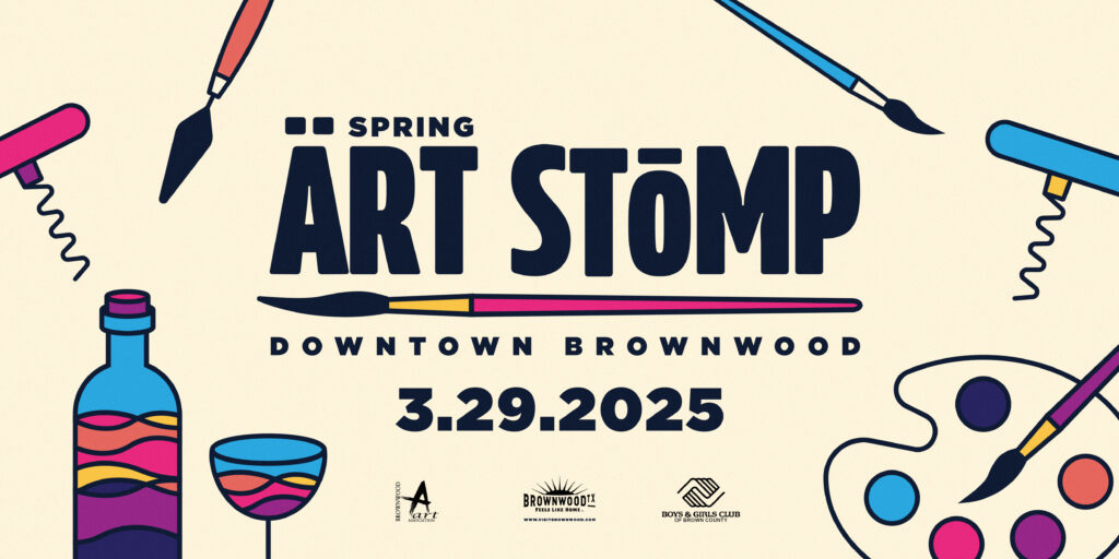 An illustration graphic of the Art Stomp Event that takes place on March 29th, 2025. Displayed are graphics of wine bottles, a paint pallet, wine cork pullers, and paint brushes in various colors.